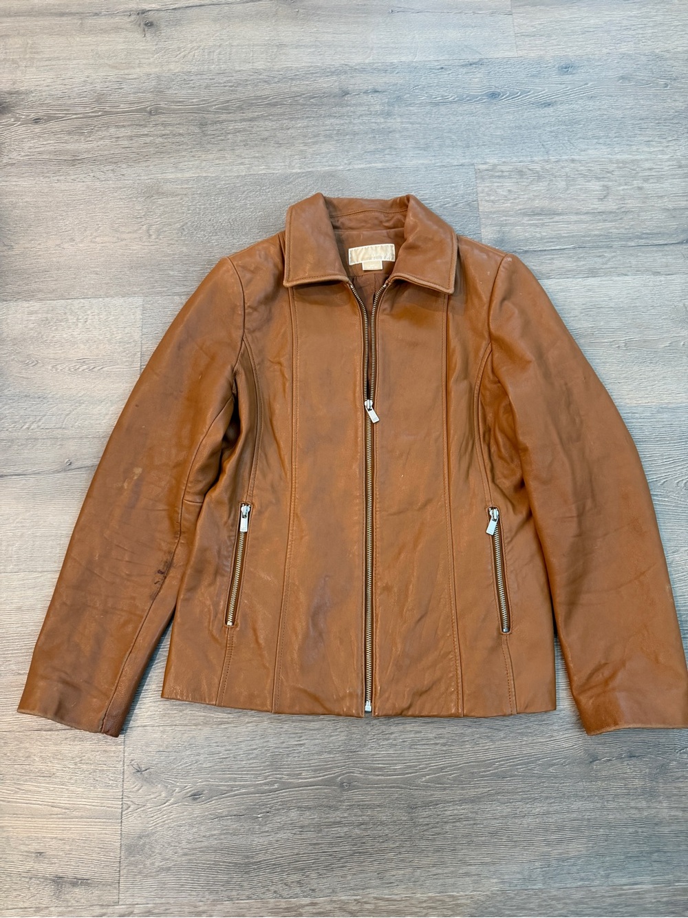 Michael Kors Leather Jacket Cognac Brown Zip Up Biker Moto